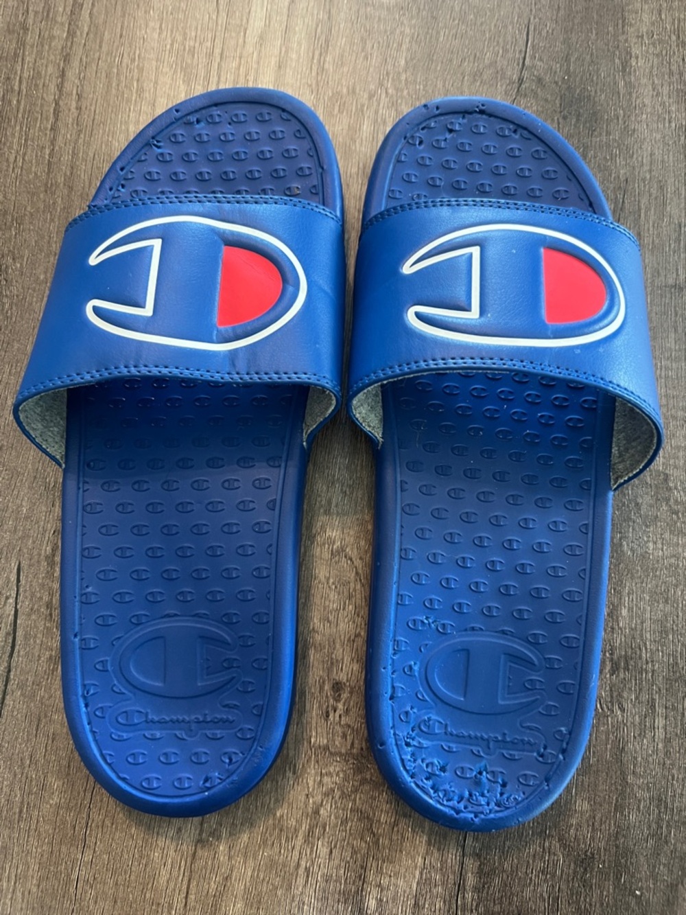 Champion Blue Slides with Red Logo Accent